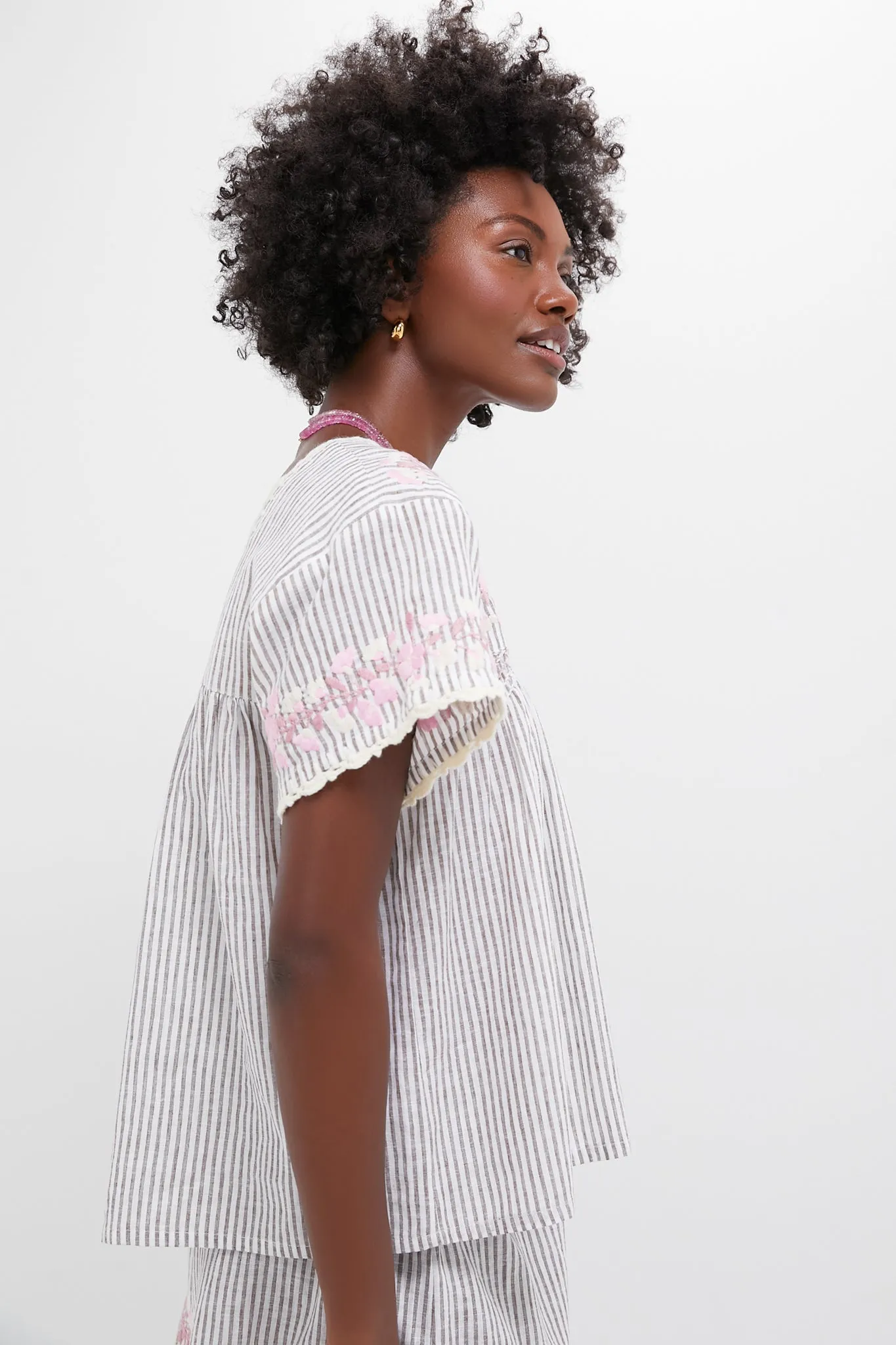 Tan Stripe Embroidered Linen Kali Top