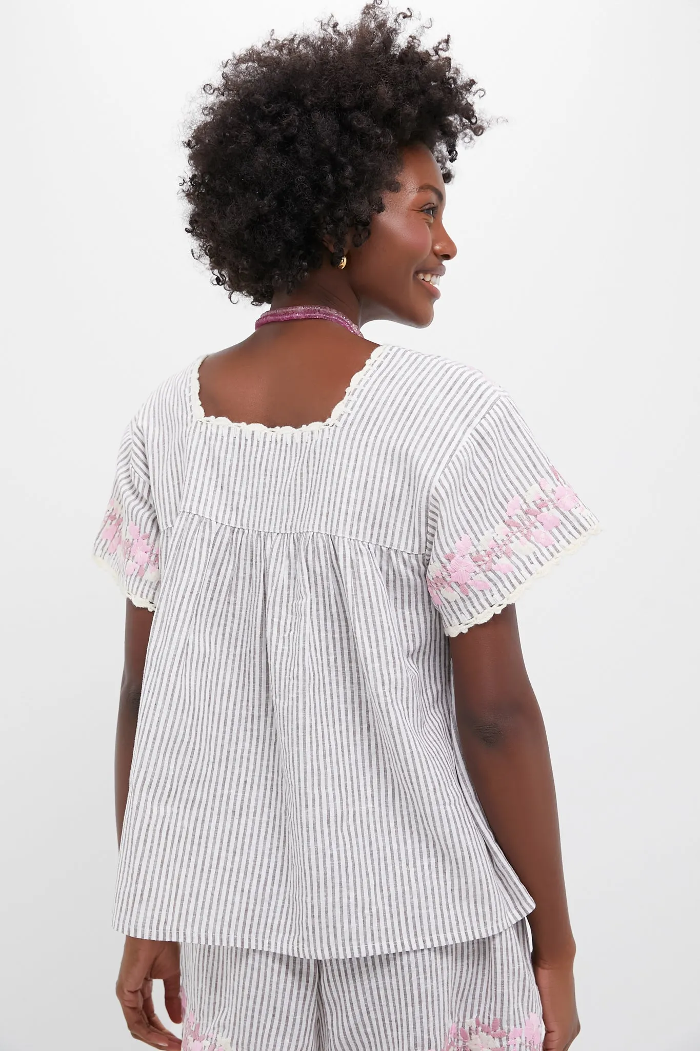 Tan Stripe Embroidered Linen Kali Top