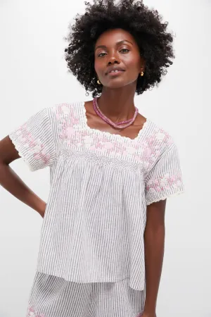 Tan Stripe Embroidered Linen Kali Top