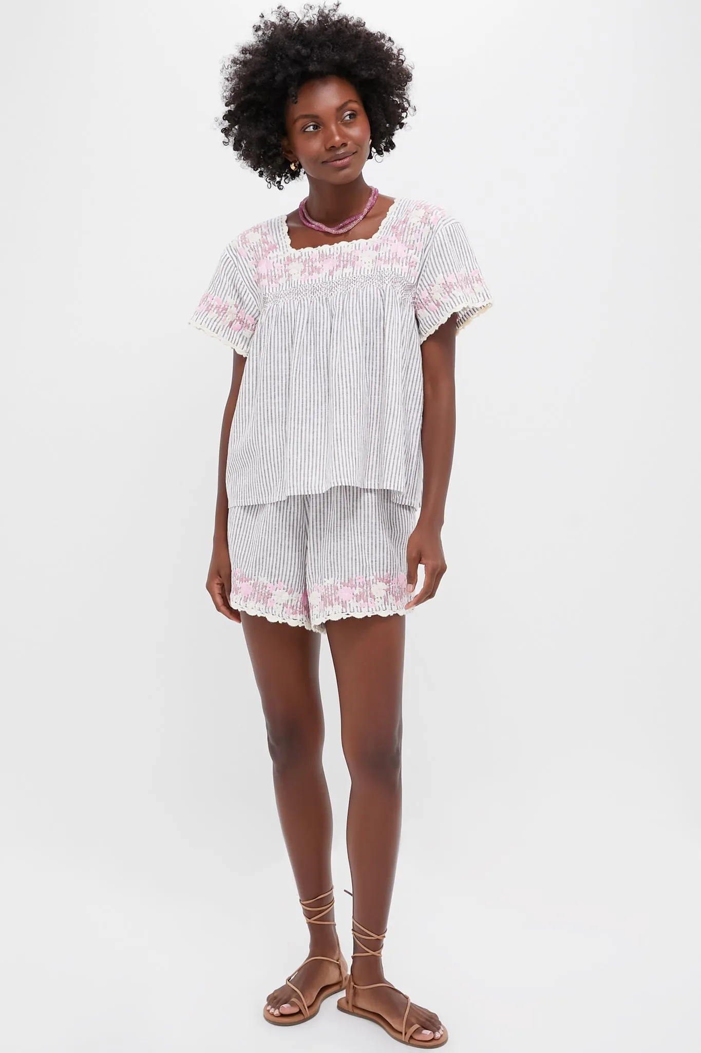 Tan Stripe Embroidered Linen Kali Top