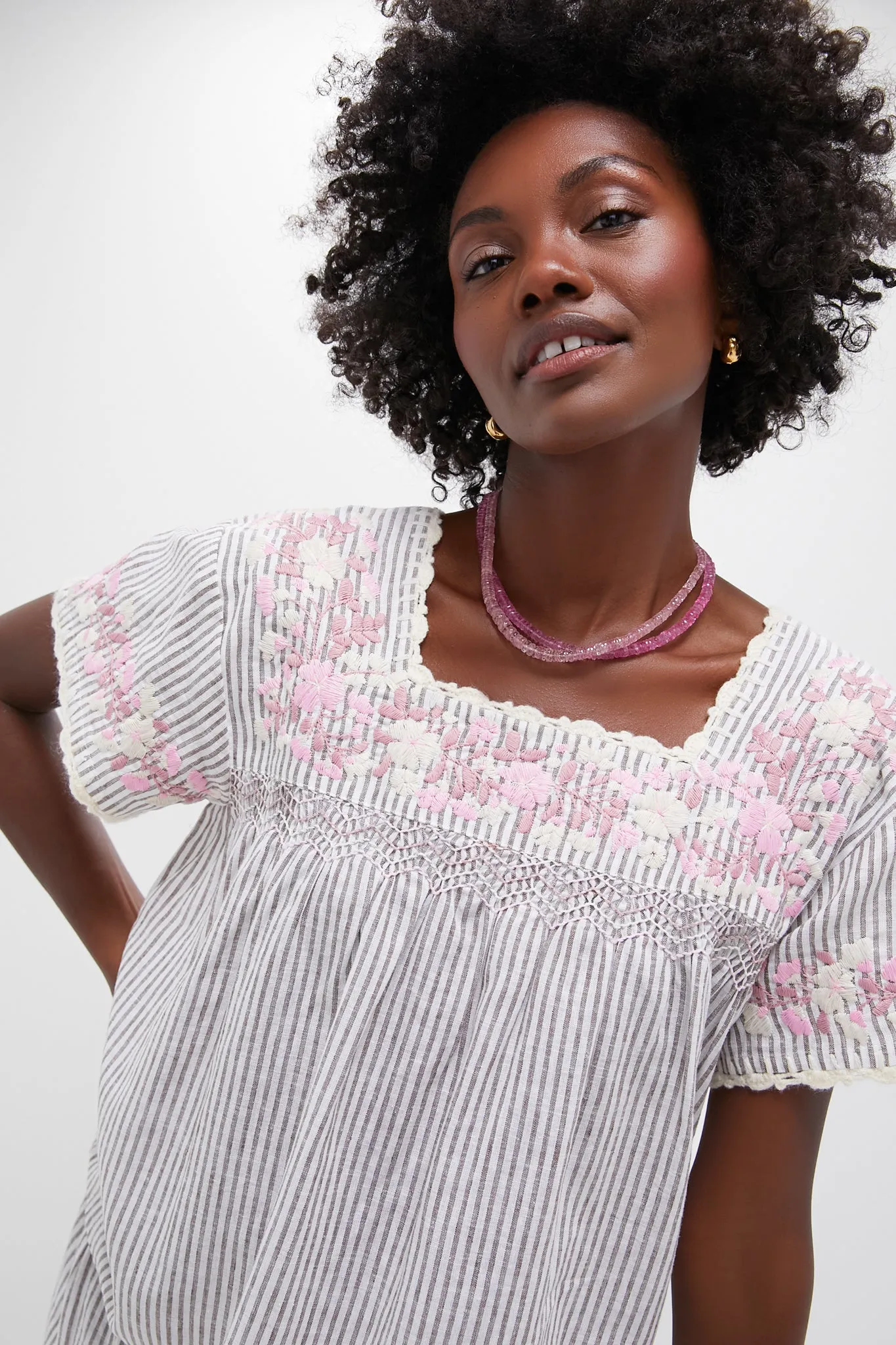 Tan Stripe Embroidered Linen Kali Top