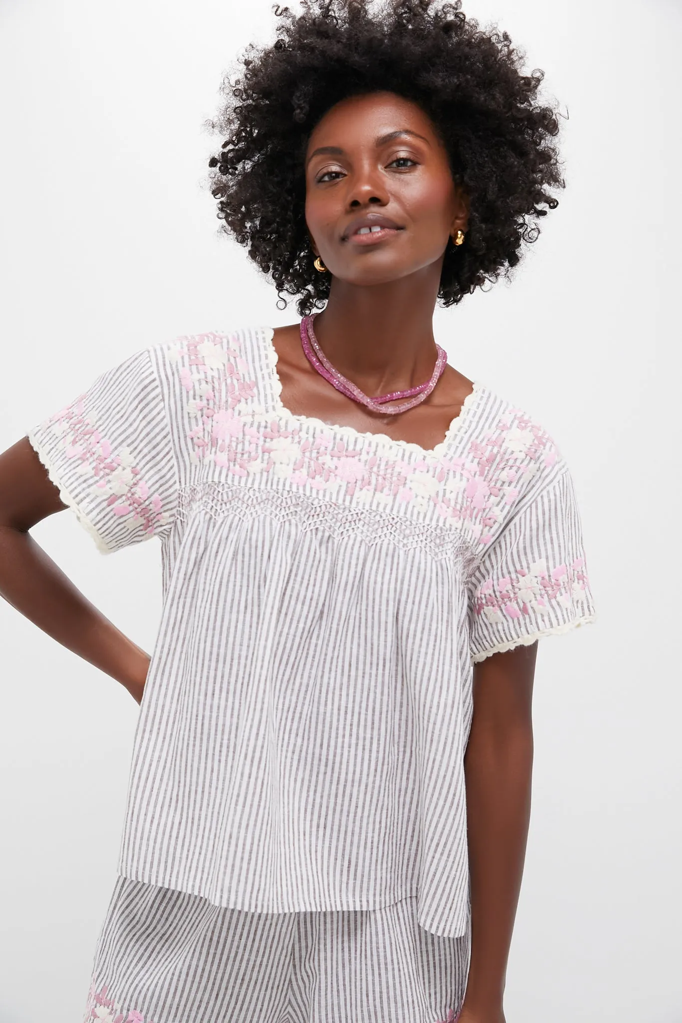 Tan Stripe Embroidered Linen Kali Top