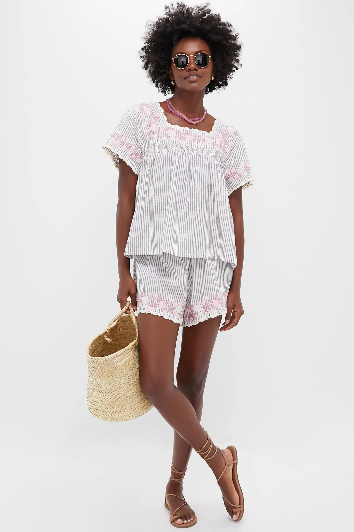 Tan Stripe Embroidered Linen Kali Top