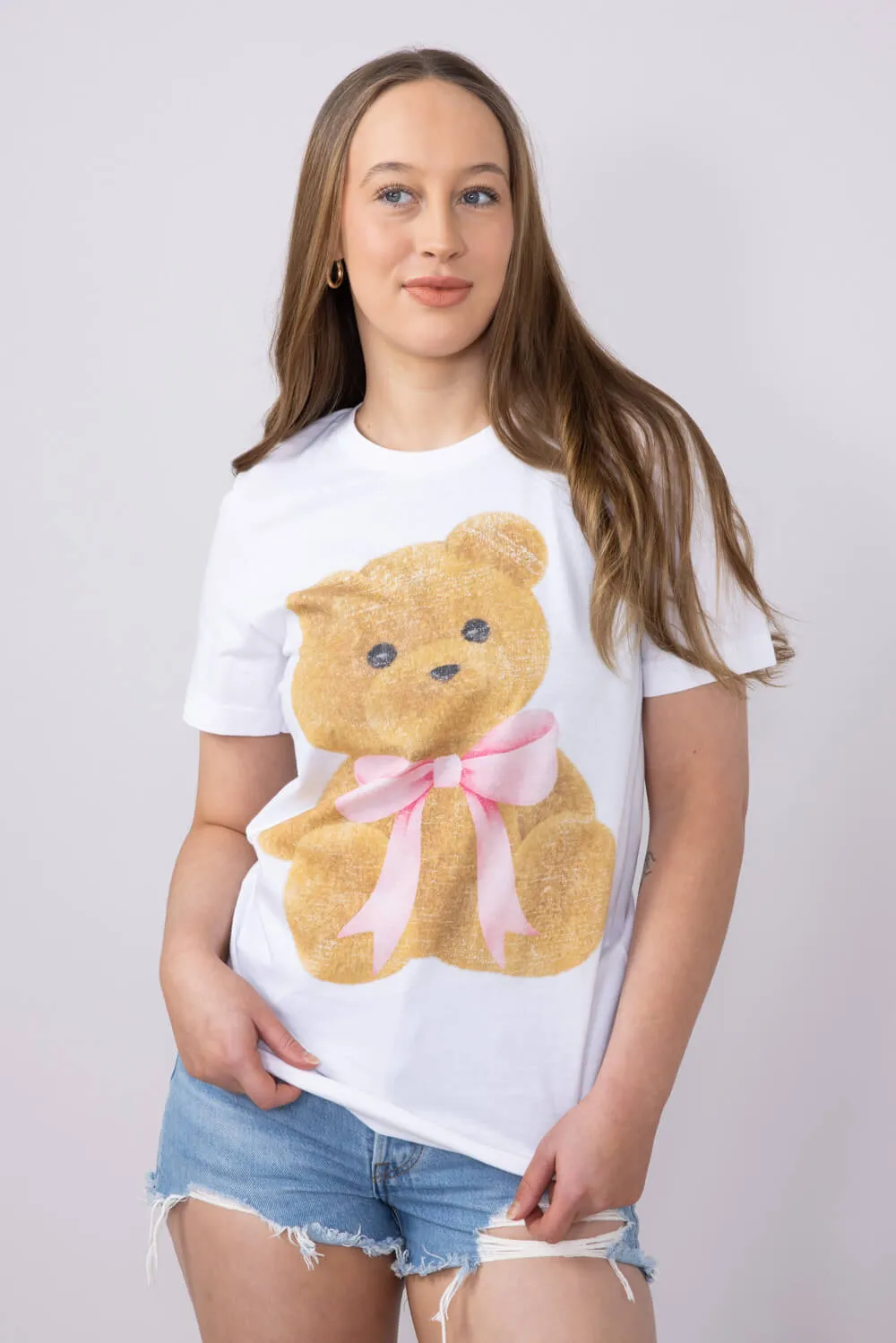 Teddy Bear Bow Graphic T-Shirt for Women in White | 32783X-TS-WHITE