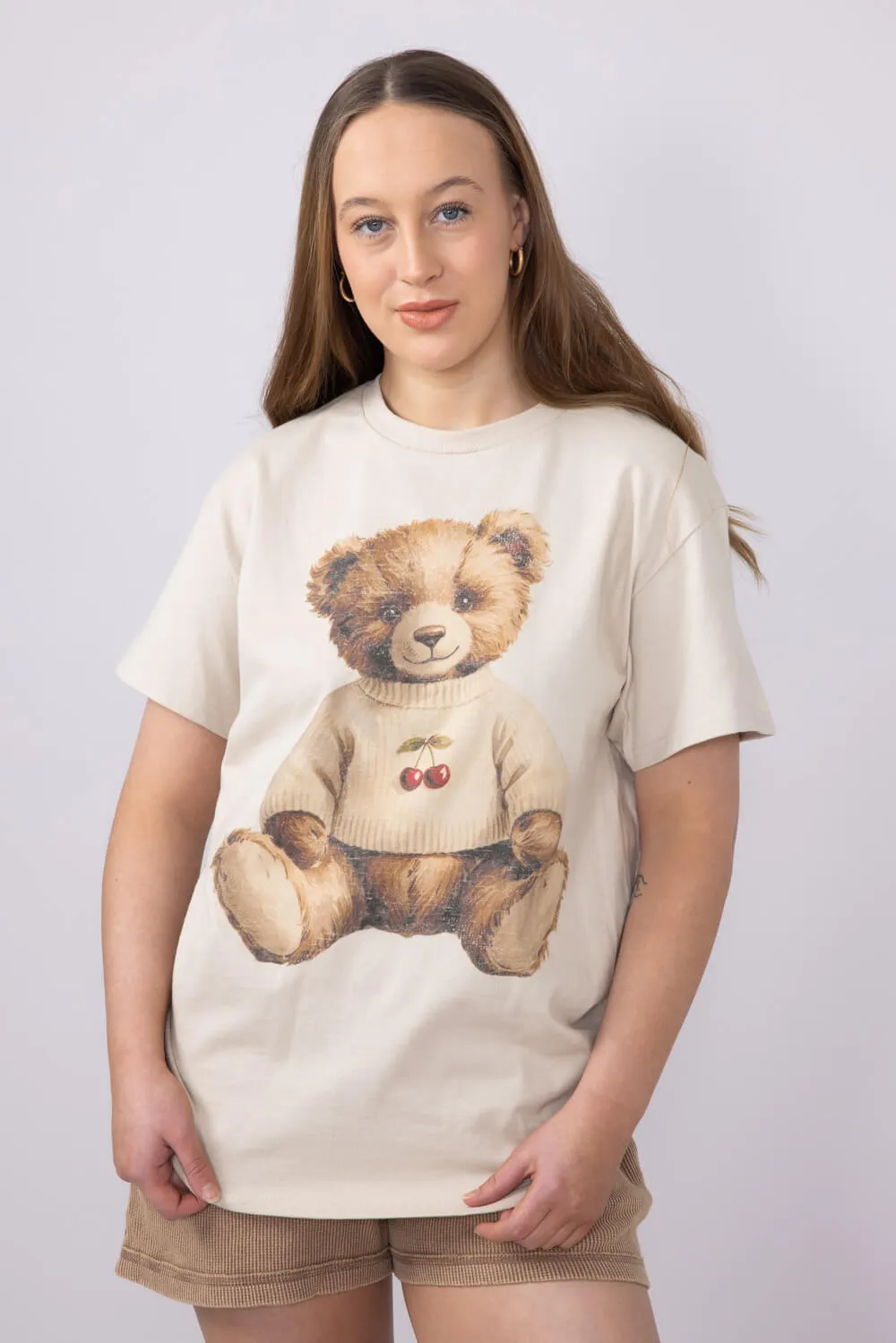 Teddy Bear Cherry Sweater Graphic T-Shirt for Women in Sand | 32787X-OTS-SAND