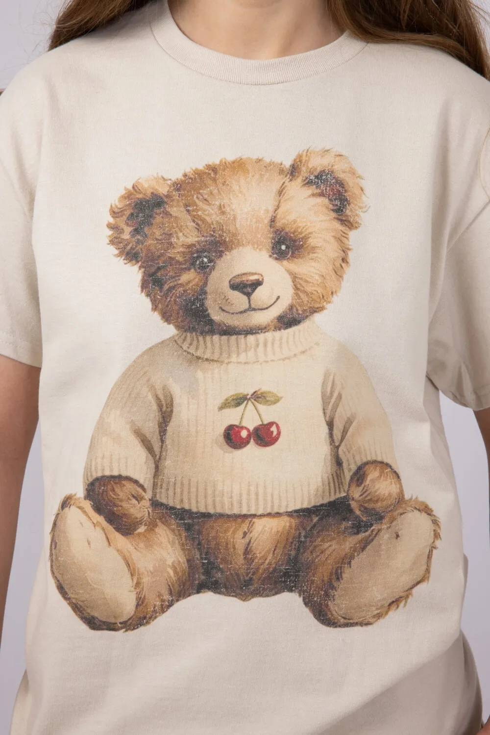 Teddy Bear Cherry Sweater Graphic T-Shirt for Women in Sand | 32787X-OTS-SAND