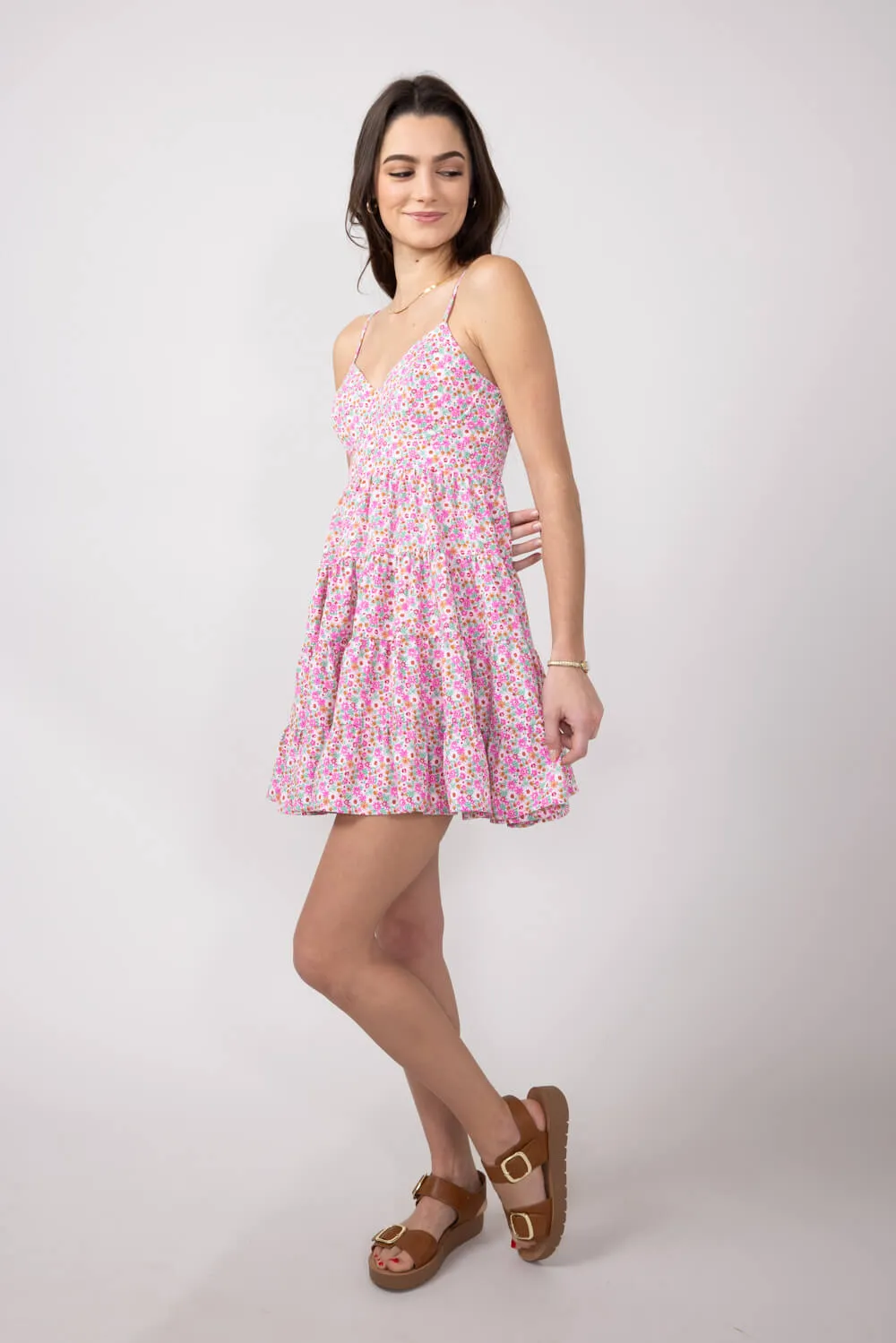 Tiered Babydoll Floral Mini Dress for Women in Light Pink | ID4273-LTPINK